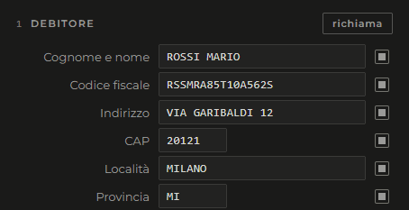 La sezione Debitore di Effetto, compilata